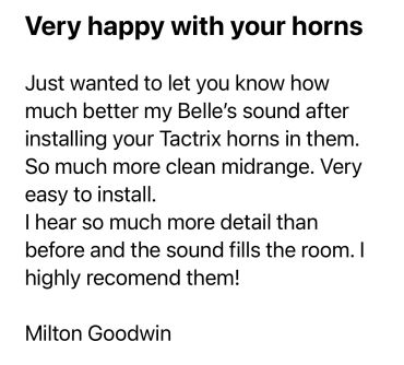 Customer praises improved sound and easy installation of Tactrix horns.