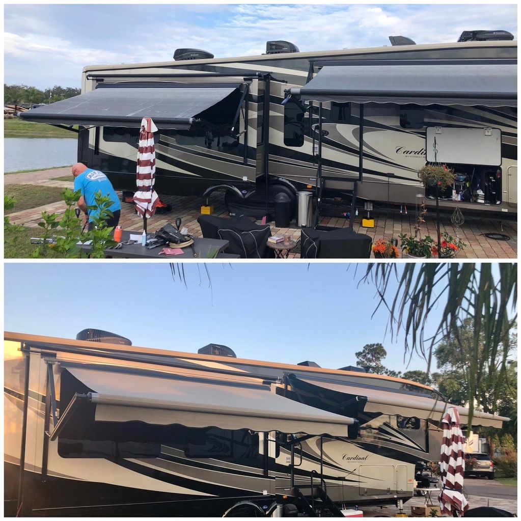 Before and afer from OEM Dometic to Stone Vos CoachGuard acrylic with scalloped binding.