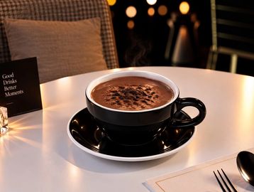 Steaming cup of hot chocolate on a white table.