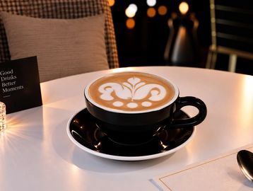 A cup of coffee with latte art on a table.