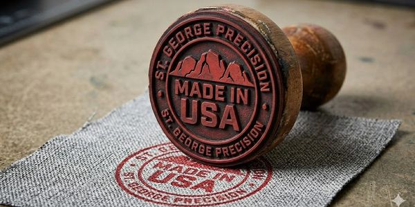 A wooden stamp showing 'Made in USA' on a fabric surface.