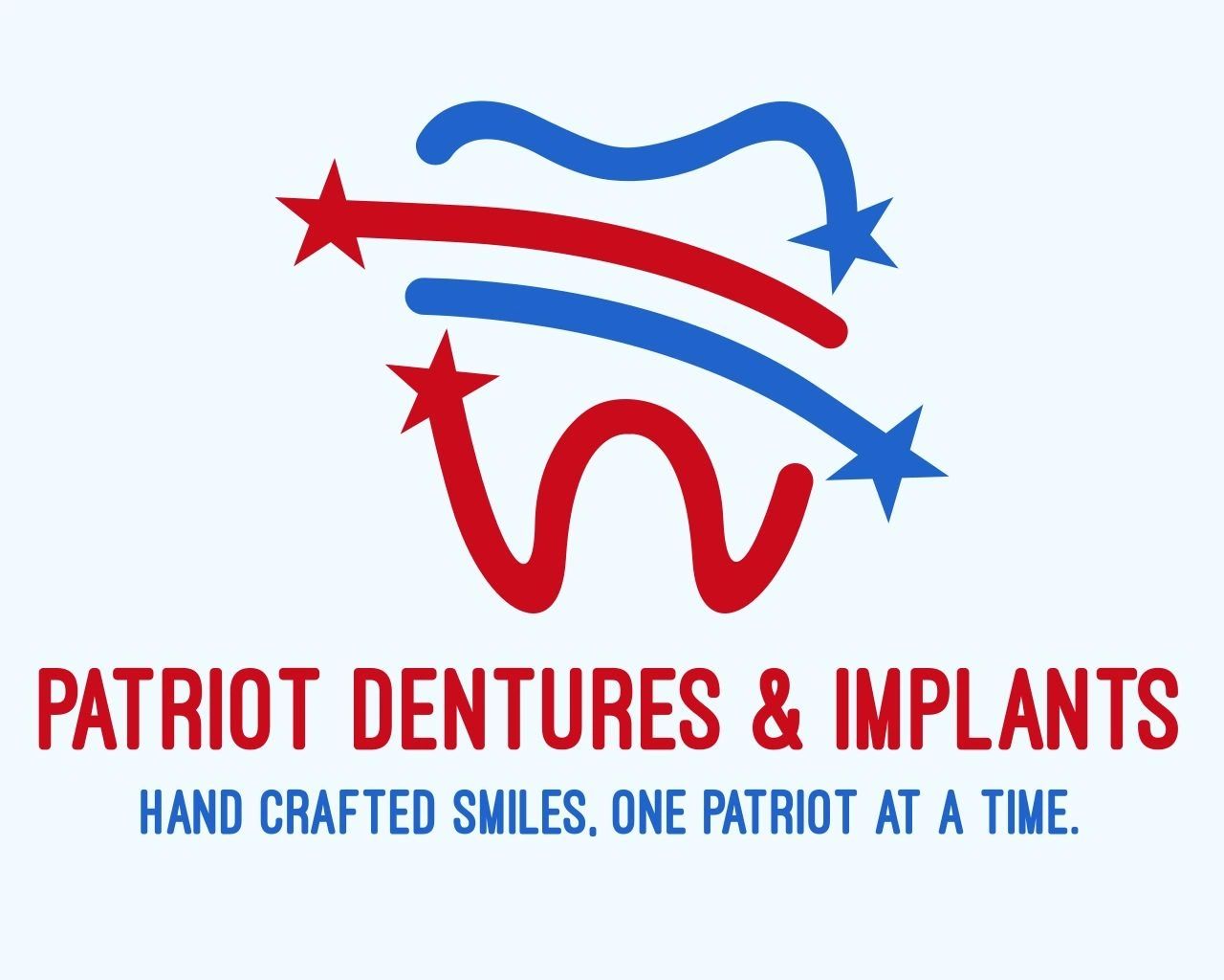Logo for Patriot Dentures & Implants with patriotic stars and smile design.