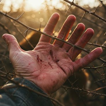 A hand with scratches caught on sharp thorns against a blurred background.