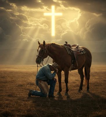 A cowboy kneeling and praying beside his horse under a glowing cross in the sky.