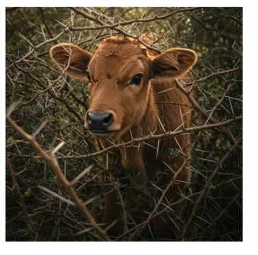 A young brown calf peeks through dense thorny branches in a natural setting.