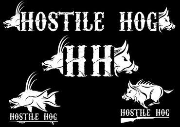 White hostile hog logos and text on black background.