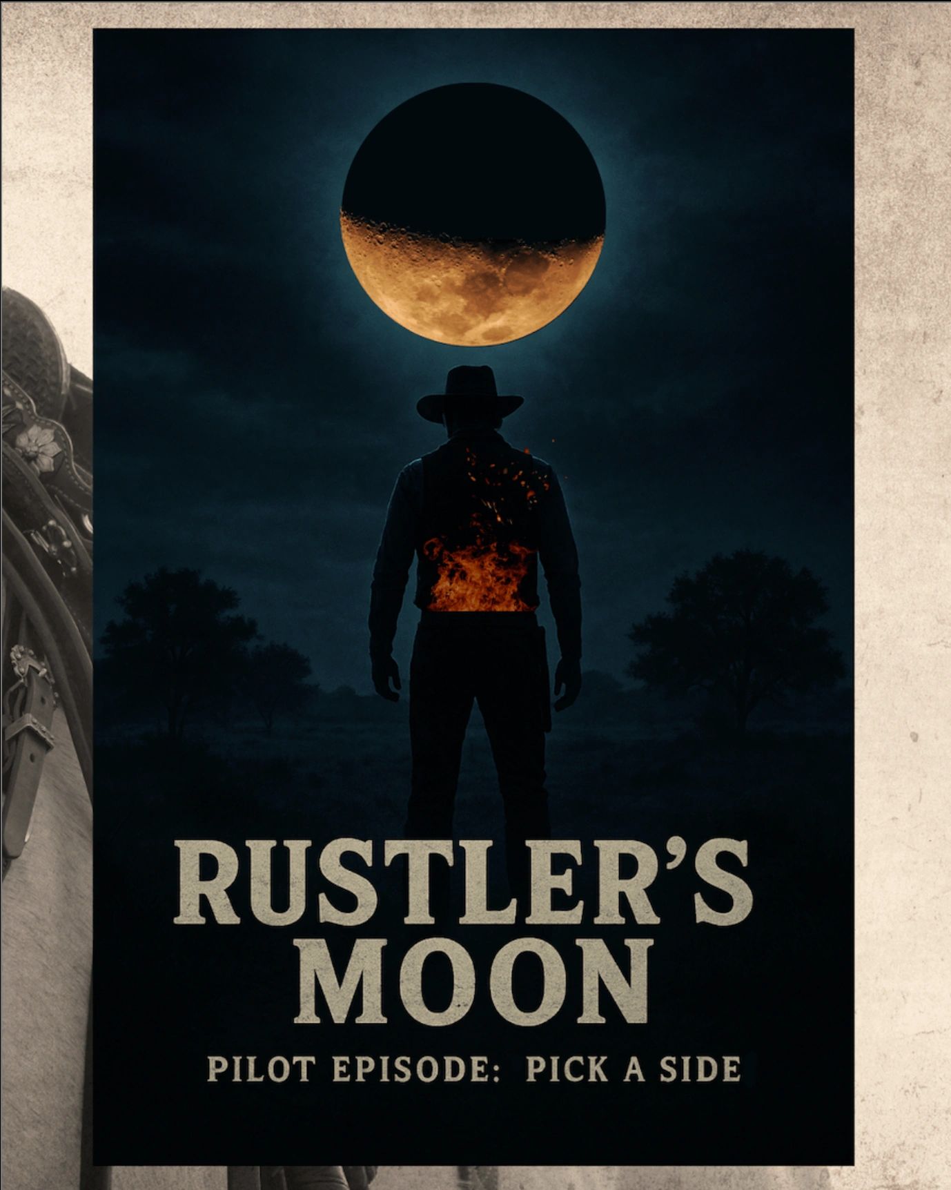 Silhouetted cowboy with flaming back under a glowing moon in a dark landscape.