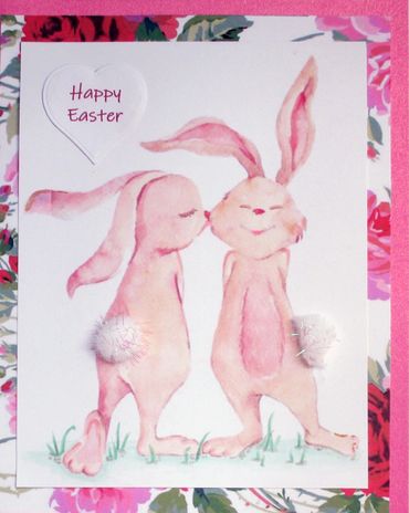 Handpainted Collage Card with sparkly pom pom bunny tails by Mina Koury Martin