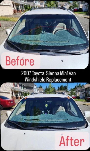 Before and after windshield replacement on 2007 Toyota Sienna mini van.