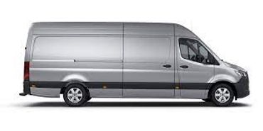 A silver cargo van with a high roof and extended length.