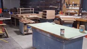 A shot of our assembly and veneering area with tables in progress.