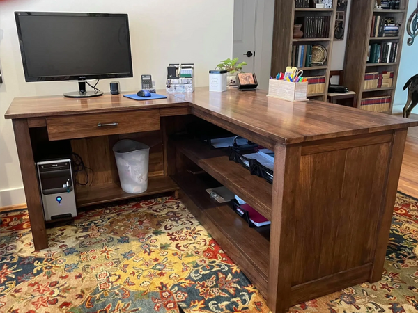 A made to order Custom Rustic Hickory Desk, L shape and made for the use of a computer as an office