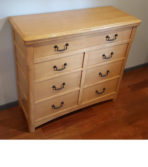 Custom designed and built Curly Maple 7 Drawer Dresser, shallow depth in a transitional style.