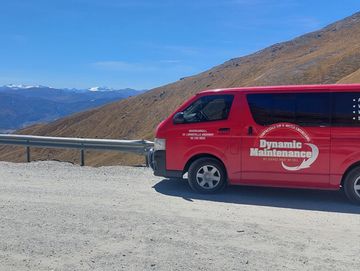 Dynamic technician van with a view from mountain