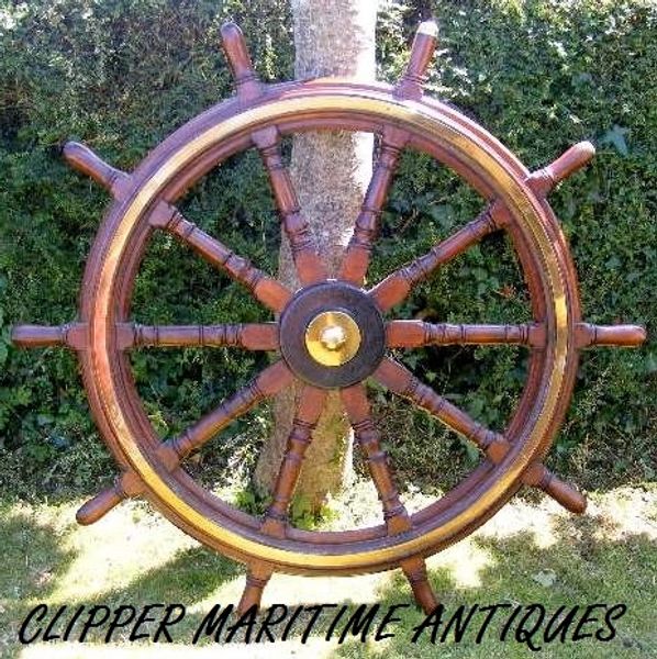 antique ships wheel helm teak mahogany brass