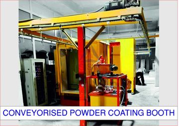 Industrial conveyorised powder coating booth with machinery and hooks.