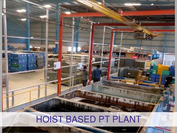 Interior view of a hoist-based PT plant with workers and storage area.