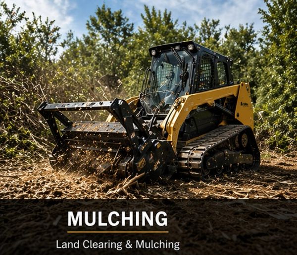 Yellow mulching machine clearing land amidst trees.