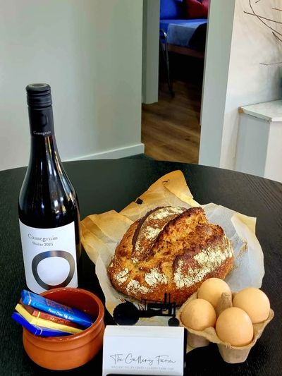 A taste of The Gallery Farm – fresh baked sourdough, farm eggs, Cassegrain wine, and chocolates.