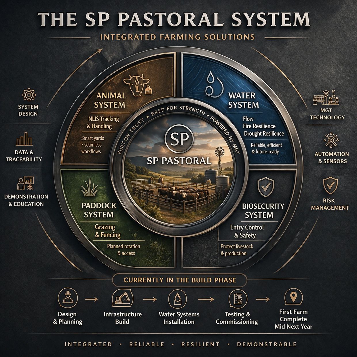 Diagram illustrating the SP Pastoral integrated farming system components and build phases.