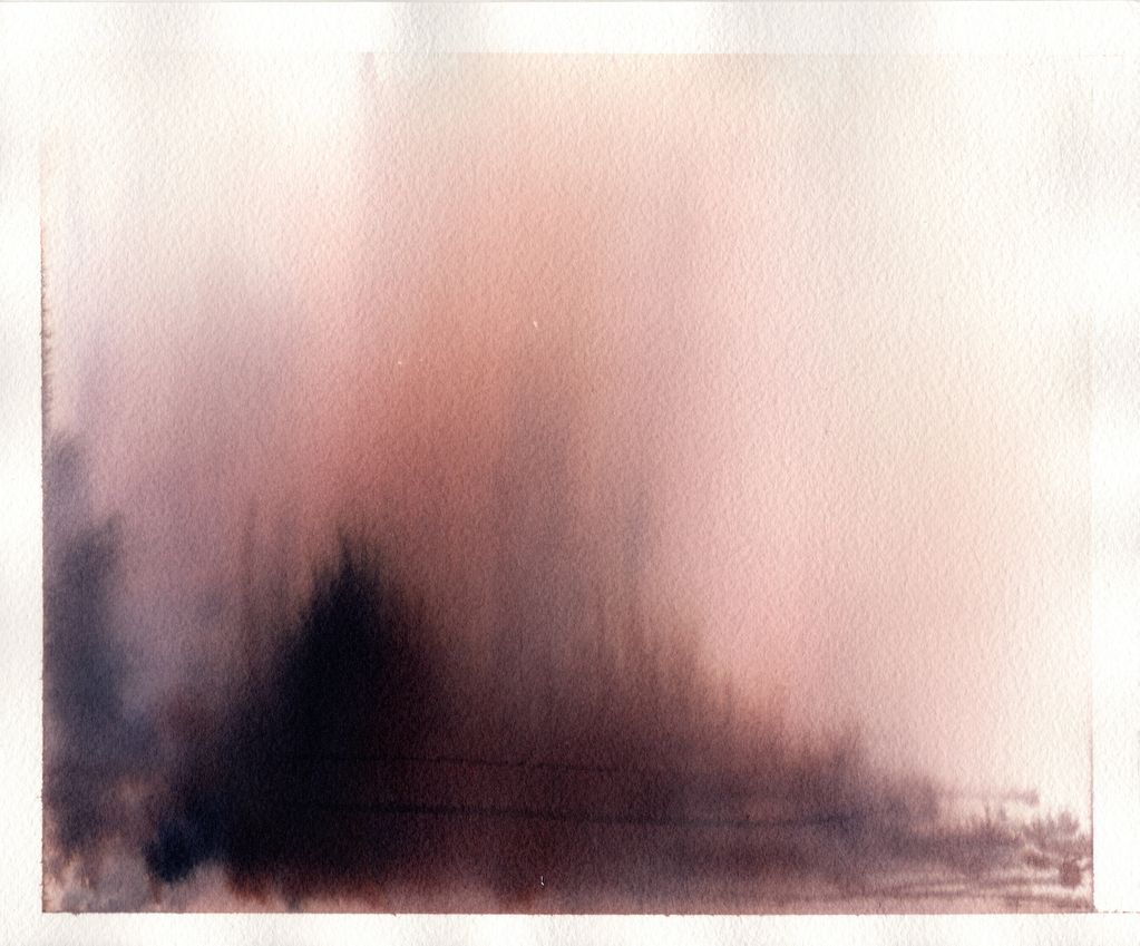 Abstract watercolor painting with dark and pink hues blending softly.
