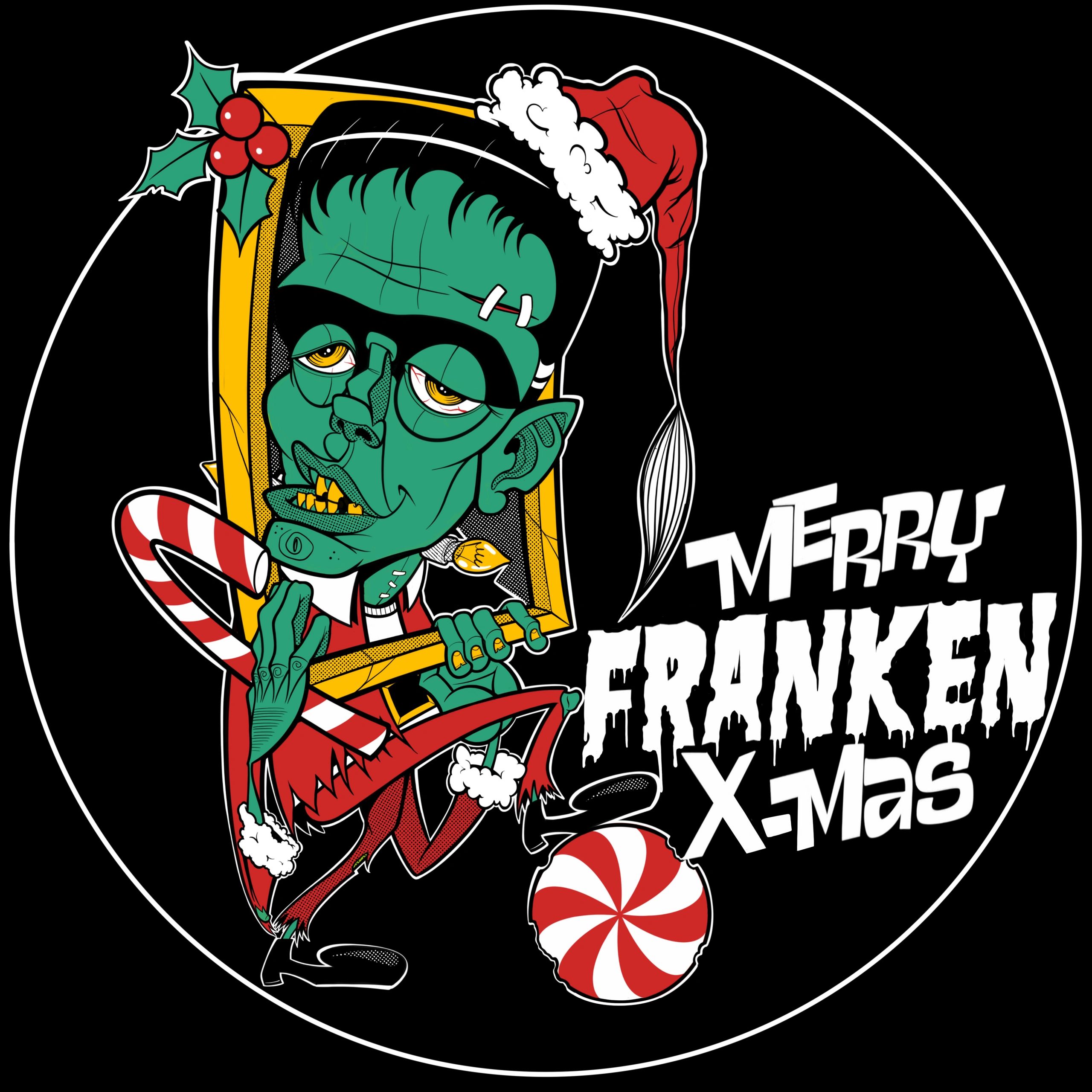 Frame Monster Zombie dressed as Santa in a frame with Candycanes.
Text reads " Merry Franken Xmas."