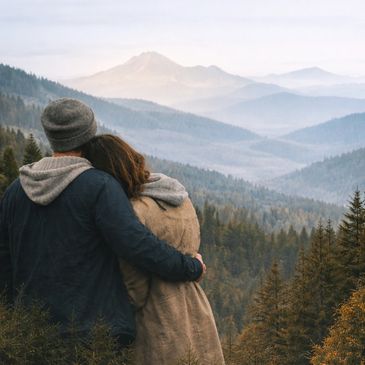 Couple embracing while overlooking misty mountain landscape.