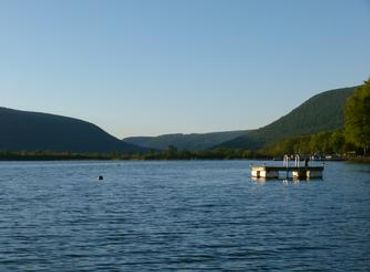 our floating dock on Honeoye Lake available to our Bungalow vacation rental guests