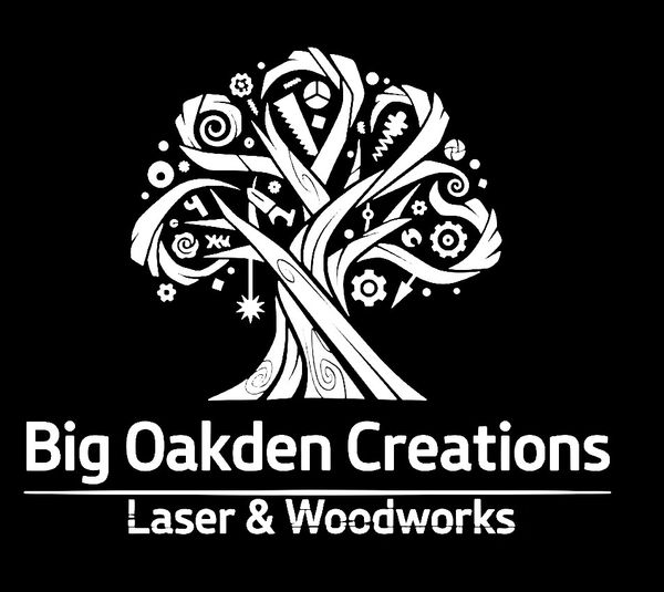 Logo of Big Oakden Creations with a stylized tree and woodworking tools.