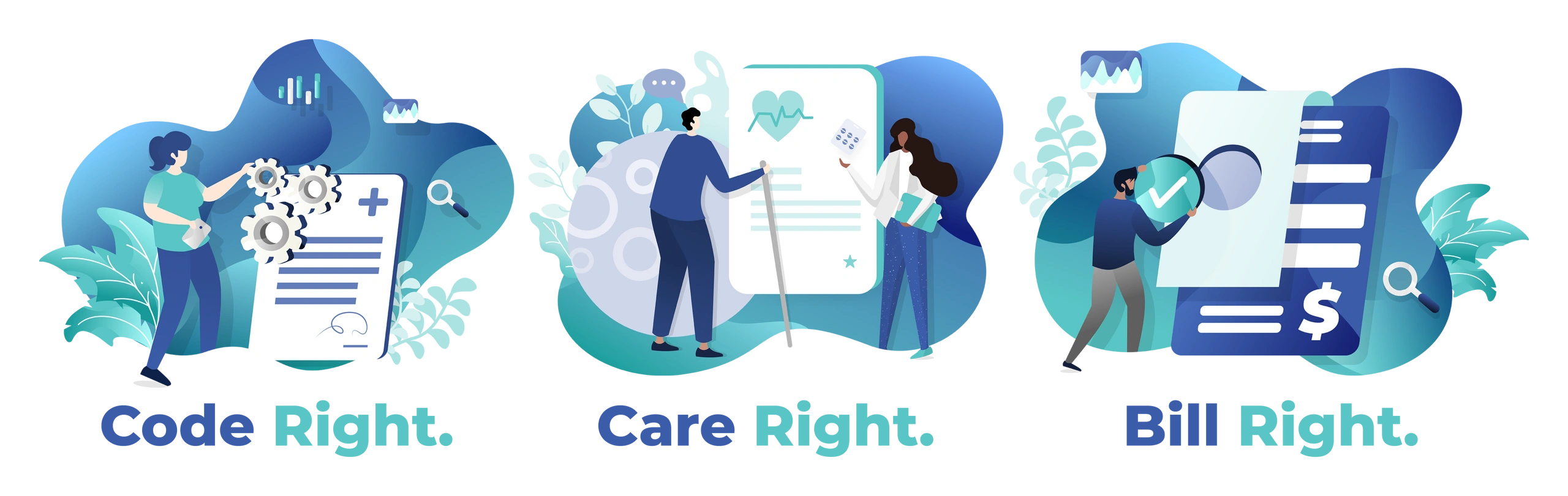 A trio of illustrations that show "Code Right. Care Right. Bill Right."