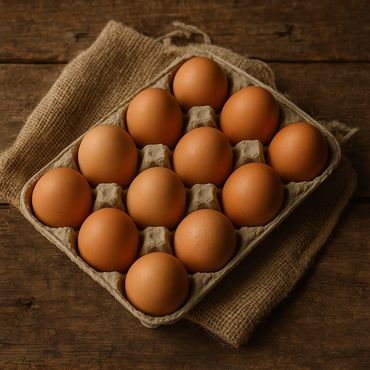 A carton of twelve brown eggs on burlap and wood.