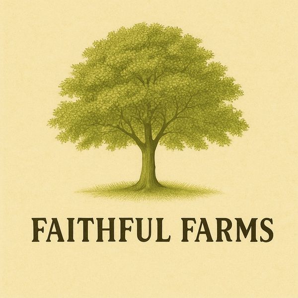 A detailed tree illustration above the words 'Faithful Farms' on a beige background.