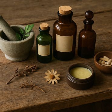 Vintage apothecary bottles, a stone mortar with leaves, and herbal remedies on a wooden table.