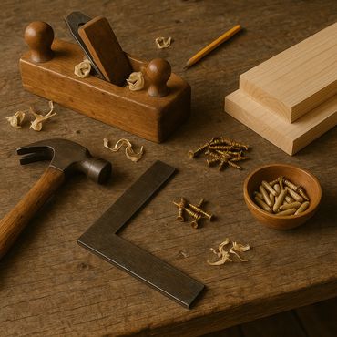 Woodworking tools and materials arranged on a wooden surface.