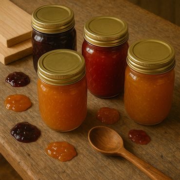 Four jars of colorful jam with wooden spoon and jam dollops on rustic wooden surface.
