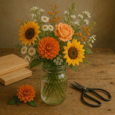 A rustic bouquet of sunflowers, daisies, and roses in a glass jar on a wooden table.