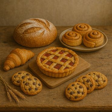 Assorted baked goods including bread, pie, croissant, cinnamon rolls, and chocolate chip cookies.