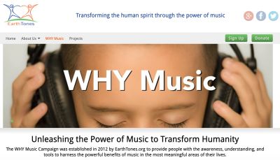 Website banner promoting the transformative power of music.