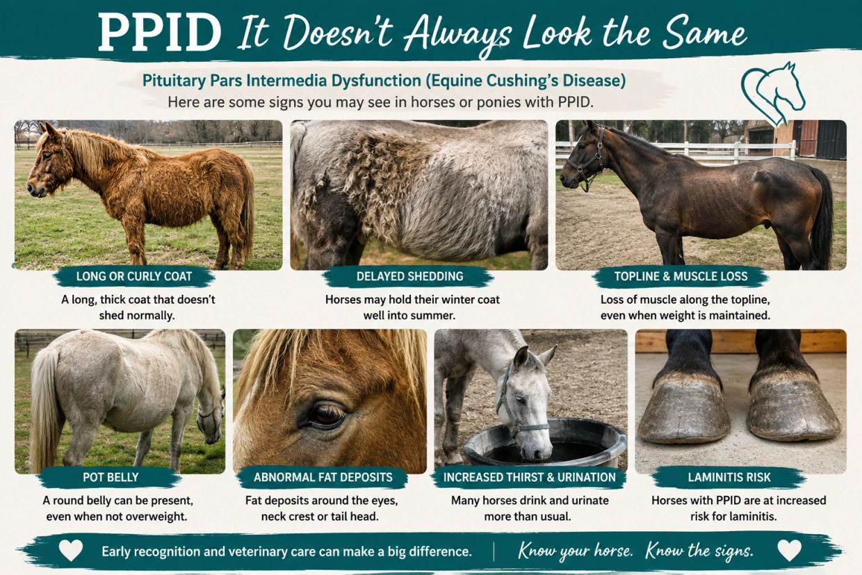 Signs of PPID in horses include long coat, delayed shedding, muscle loss, pot belly, fat deposits, increased thirst, and laminitis risk.