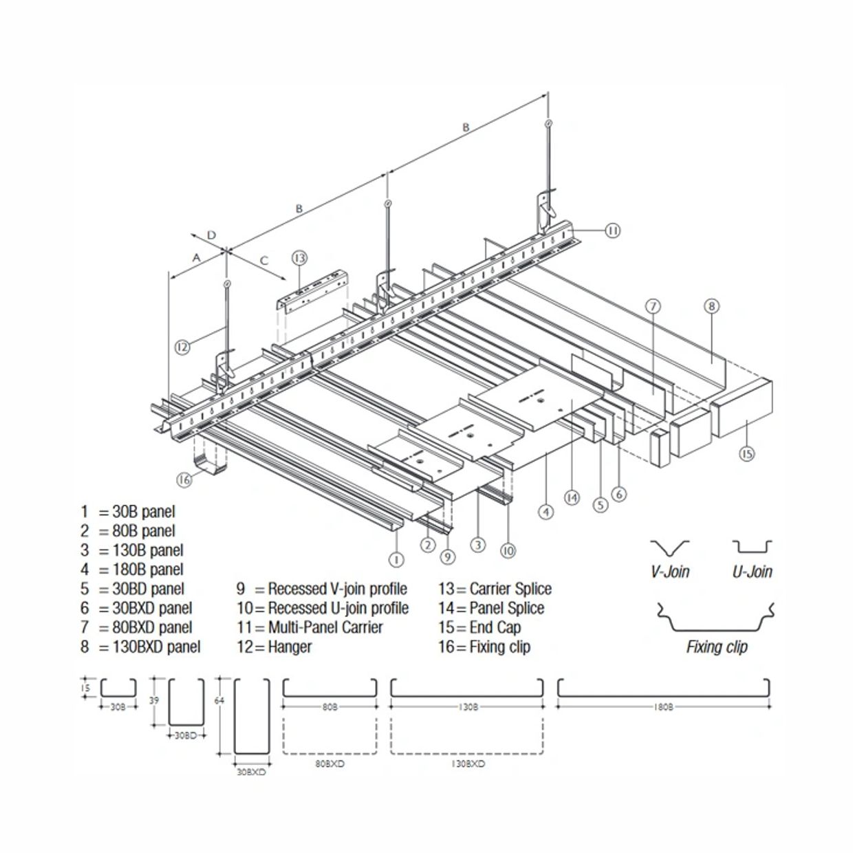 Multi Baffle Ceiling System Technical Drawing