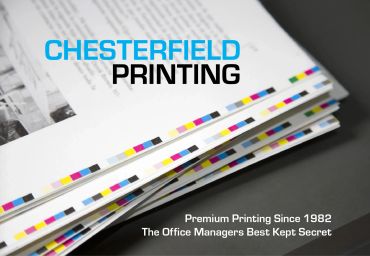 Stack of printed papers with color test marks and Chesterfield Printing logo.