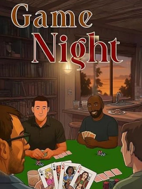 Four men playing cards in a cozy room during game night.