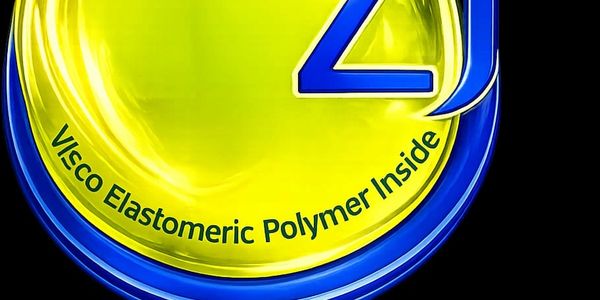 Close-up of a label saying 'VIECO Elastomeric Polymer Inside' on a yellow and blue background.