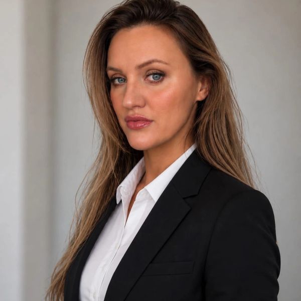 Professional woman wearing a black blazer and white shirt.