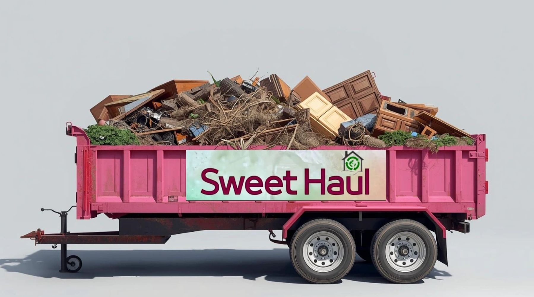 A pink trailer labeled 'Sweet Haul' filled with discarded furniture and yard waste.