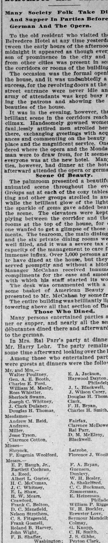 Report of opening day of the Hotel Belvedere. Baltimore Sun, December 15, 1903.