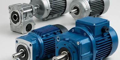 Four industrial electric motors with metallic and blue finishes on a plain surface.