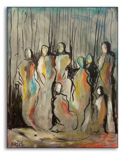 A painting with human figures of all heights without features; Basel Alshekh Ali, Travel.