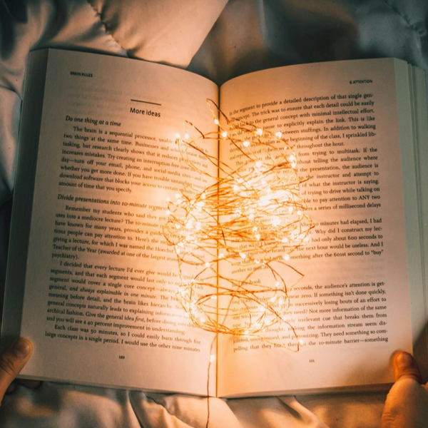 a book with twinkle lights being held