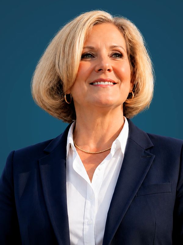 Confident woman in a navy blazer smiling against a blue background.
